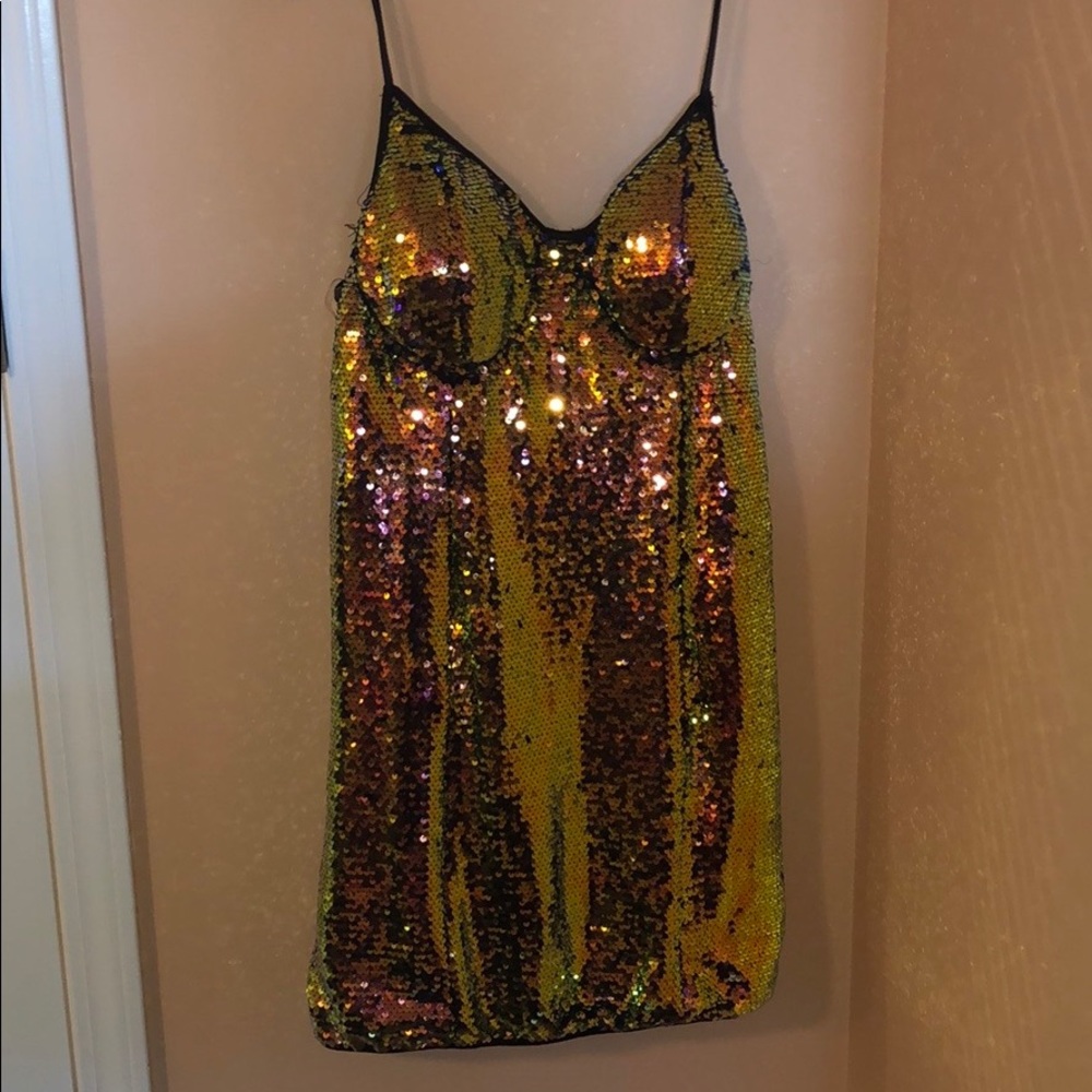 Metallic green/orange fitted dress